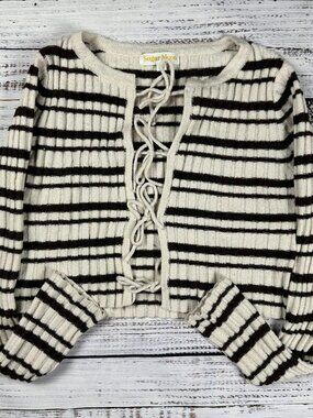 Sugar Moon Lace-Up Striped Cardigan S Cream/Black Stripe Knit (Acrylic Blend)